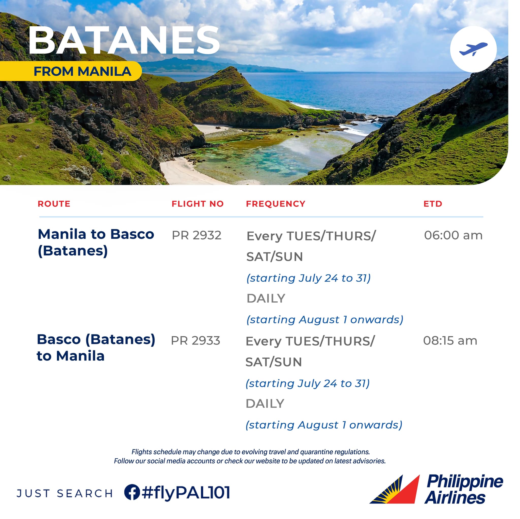 Starting August 1, 2022, we will operate daily flights to Batanes